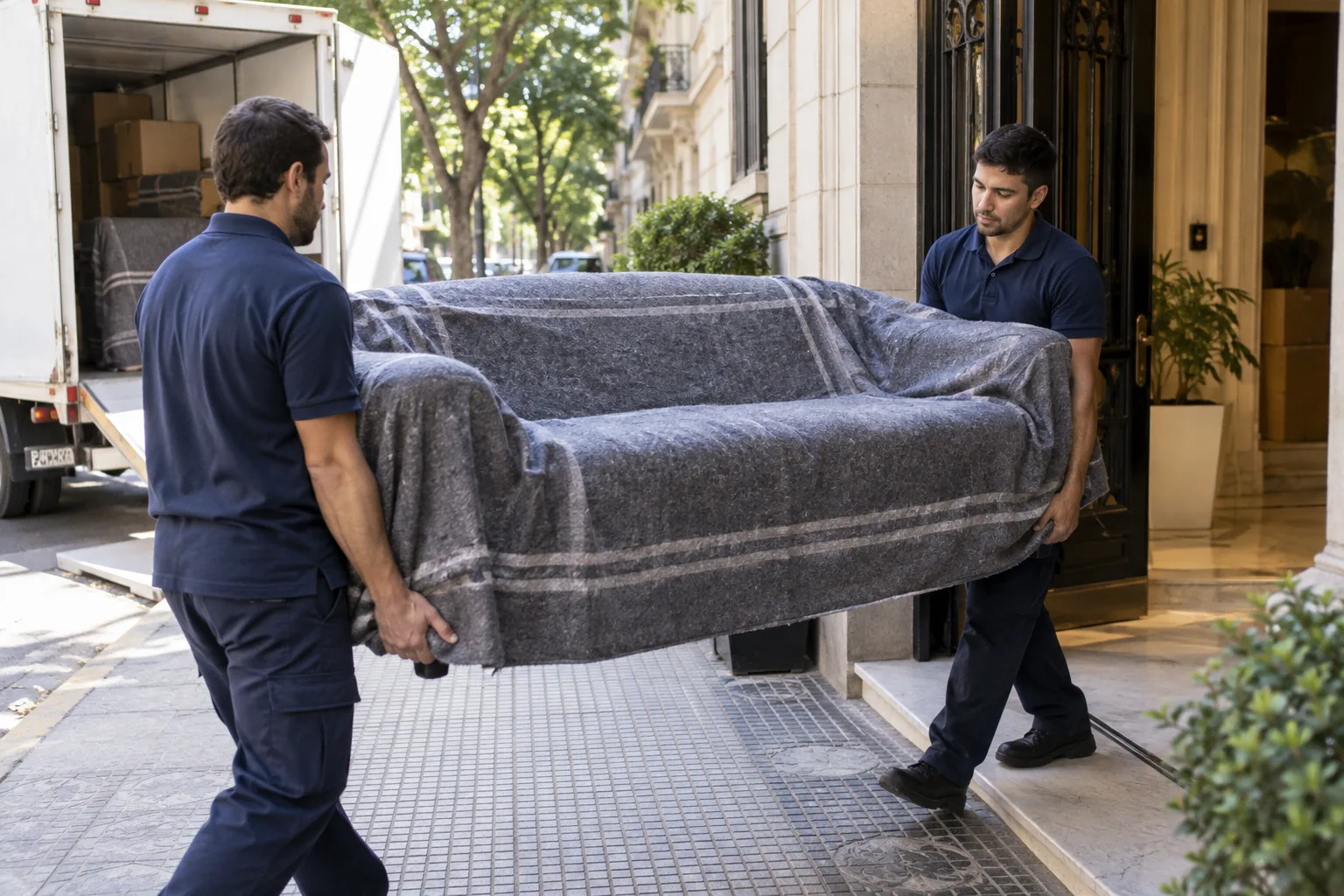 Escena ilustrativa de dos operarios trasladando un sofá protegido con mantas